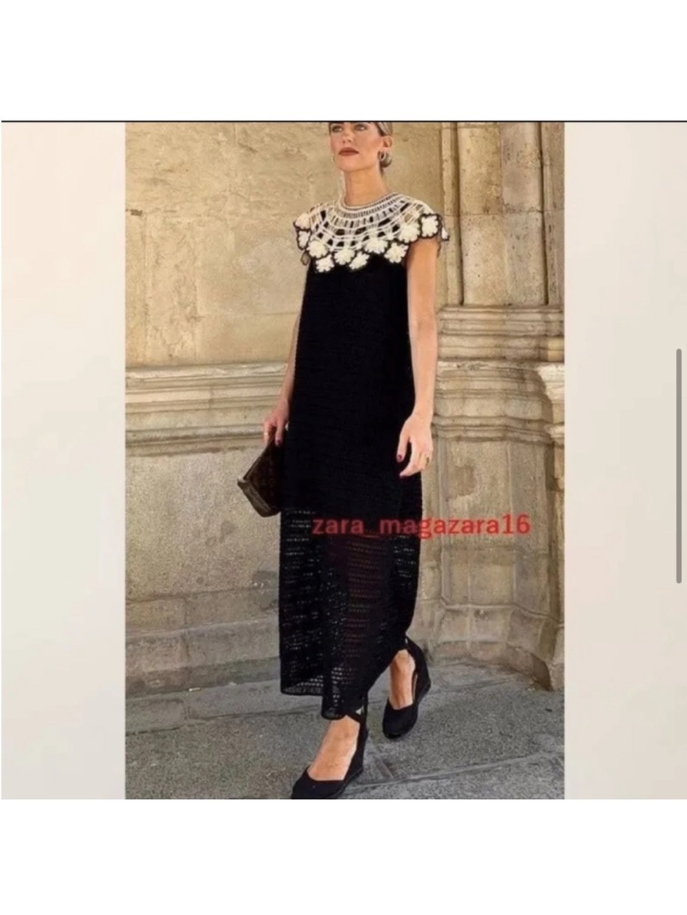 Zara Black Crochet Maxi Dress with Cream Floral Yoke XS/S - Picture 4 of 7